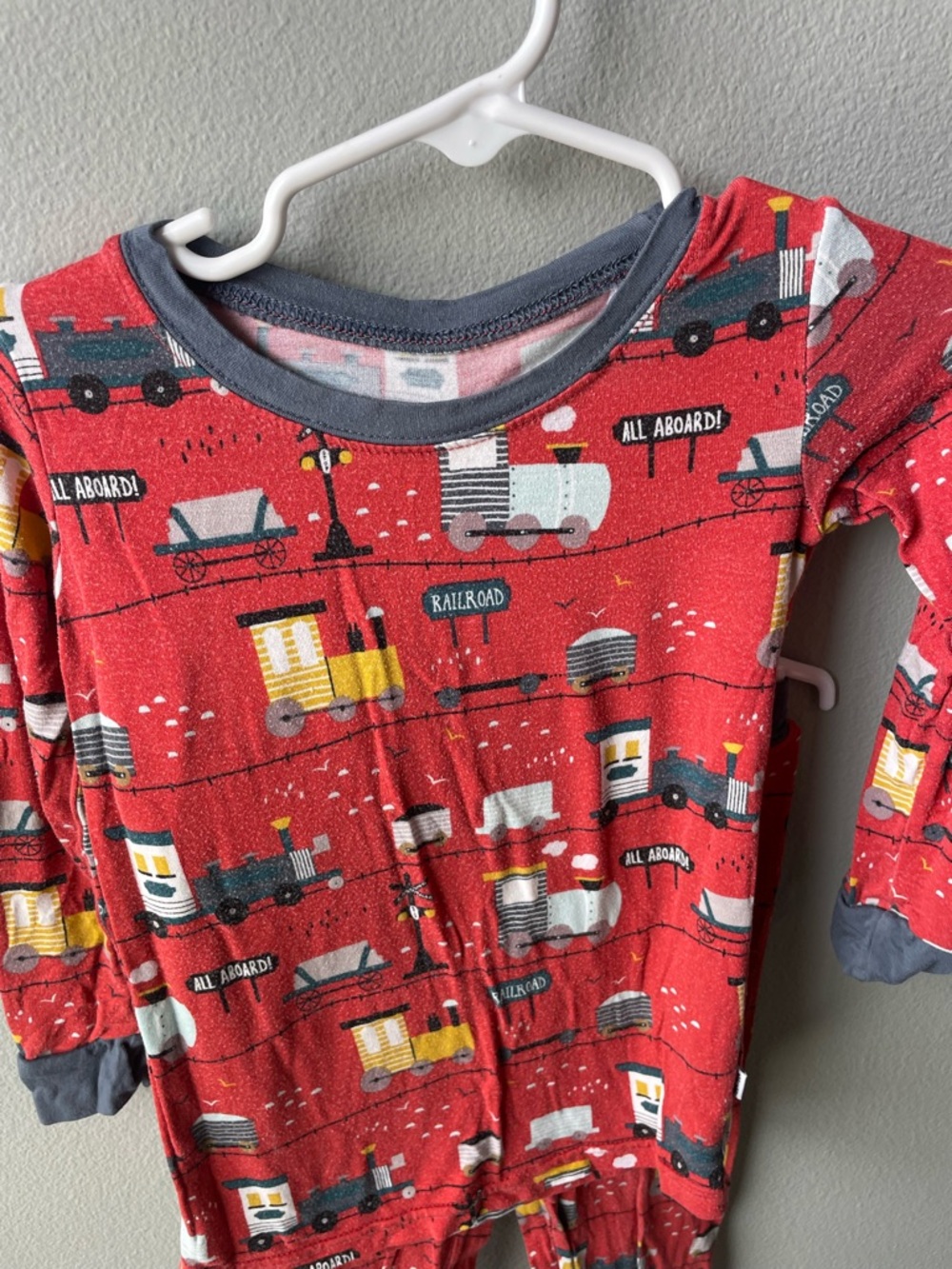 Little Sleepies Trains Bamboo Pajama Long Sleeve Set - Red with Trains - Picture 2 of 6